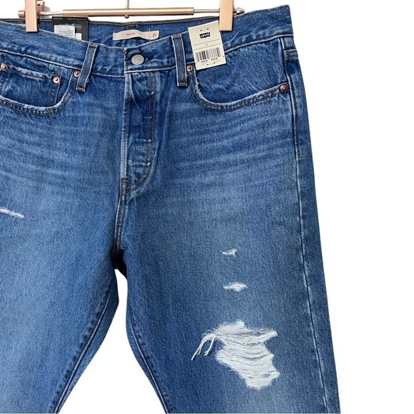 Levi’s Wedgie Straight Distressed Jeans Size 31 Blue Button Fly Rigid Denim NEW - Picture 3 of 10
